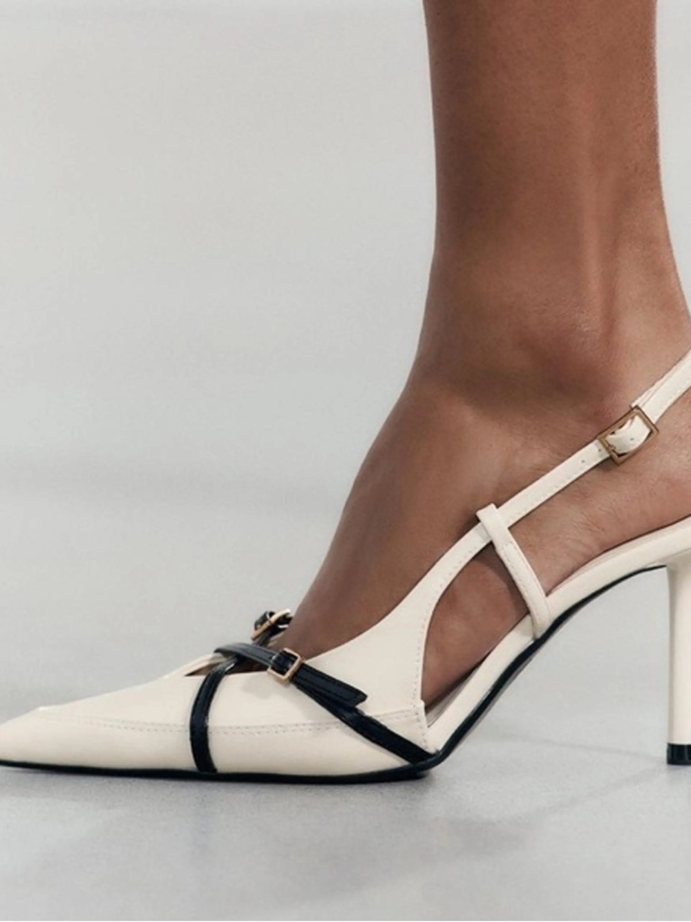 ZARA White Pointed Slingback Heels with Black Strap Detail